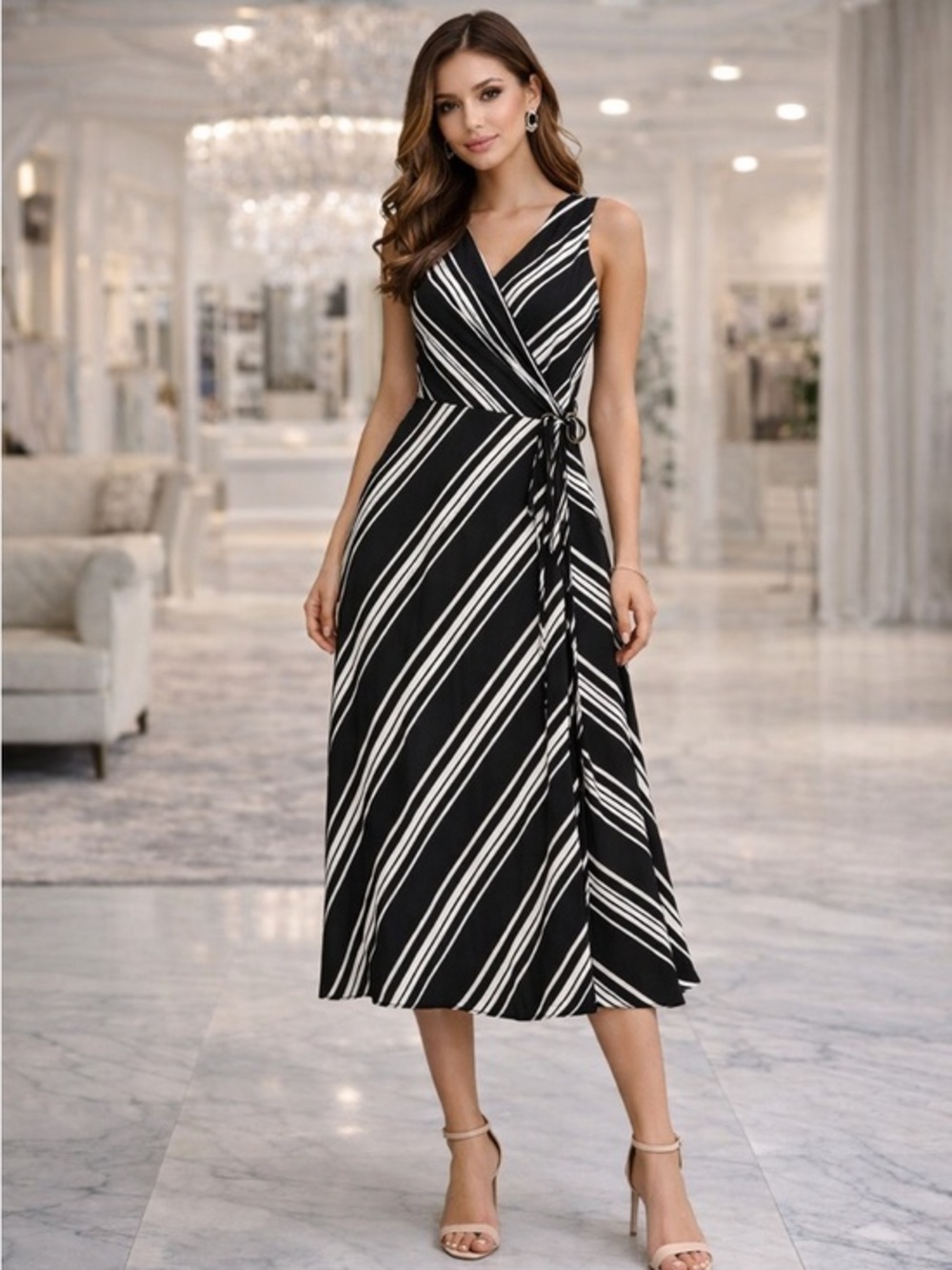 Nina Leonard Striped Midi Dress Black White V-Neck Size M